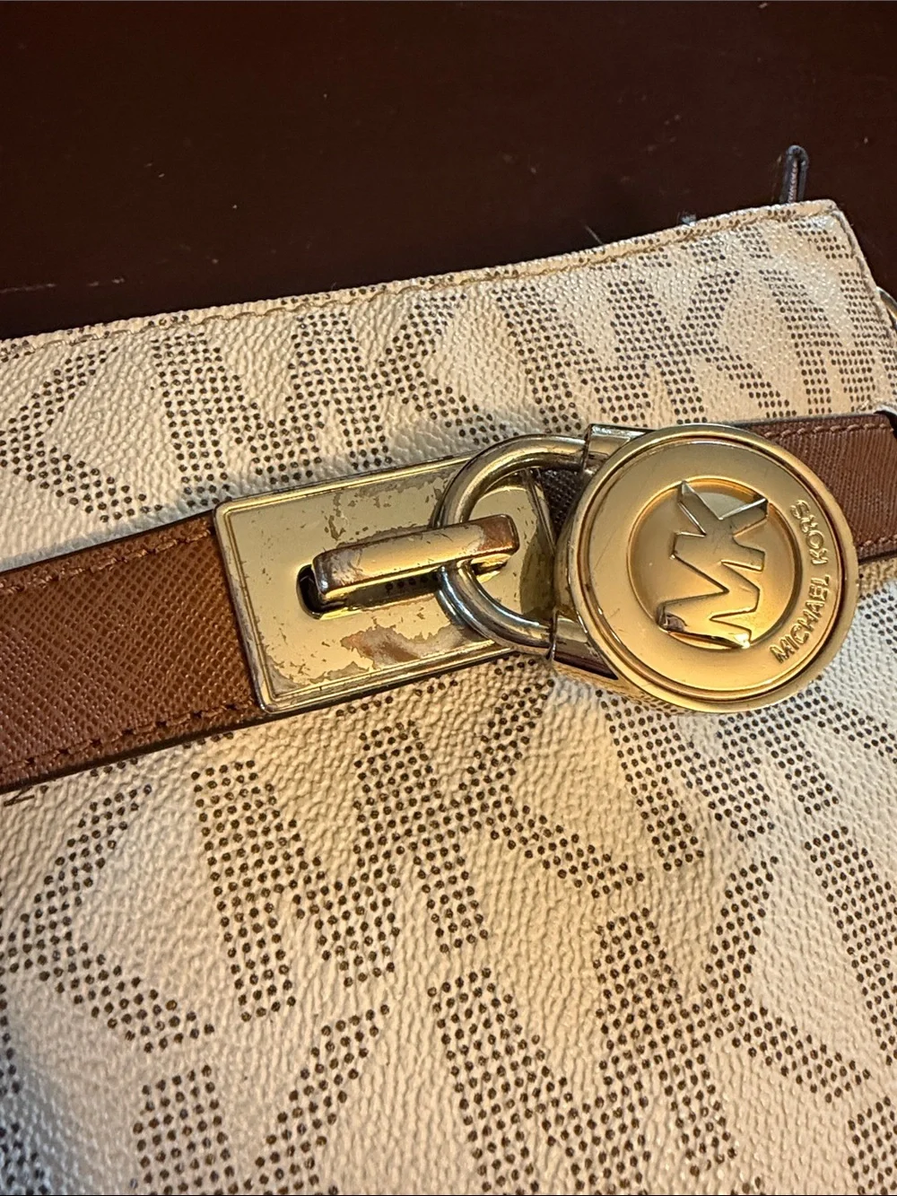 Michael Kors Beige MK Signature Crossbody with Brown Trim